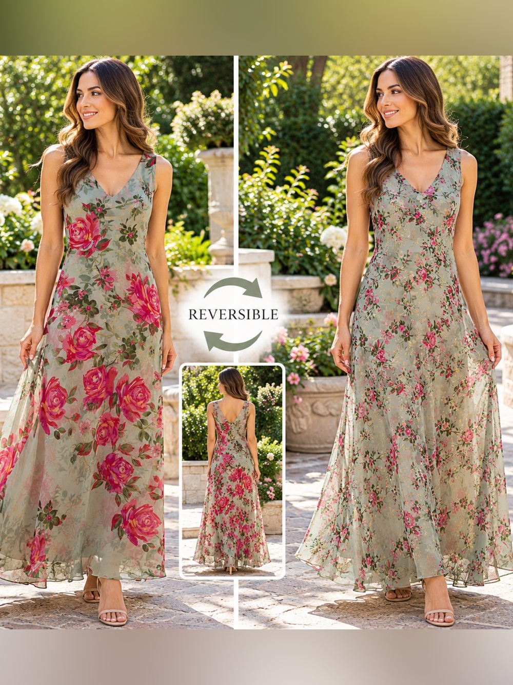 Reversible Floral Maxi Dress V Neck Sleeveless Rose Print Boho Beach Sage Green